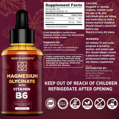 Liquid Magnesium Glycinate Drops with Vitamin B6 - Magnesium Supplement 500mg & Vitamin B6 100mg | Non-GMO No Gluten | Stress Relief | Sleep & Rel...
