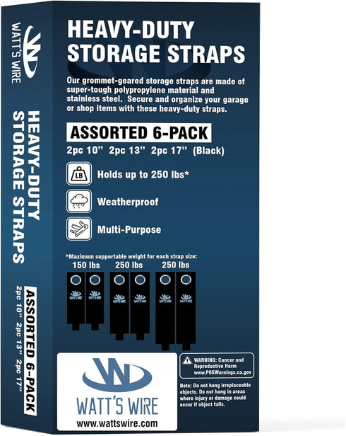 Heavy Duty Storage Straps - 6 Pack: 2 Medium, 2 Large, 2 XL - Extension Cord Ties - Storage Strap - By Watt's Wire...