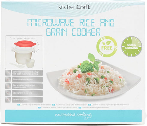 KitchenCraft Rice Cooker - Microwave Steamer, BPA Free Plastic, 1.5 Litre, White/Red...