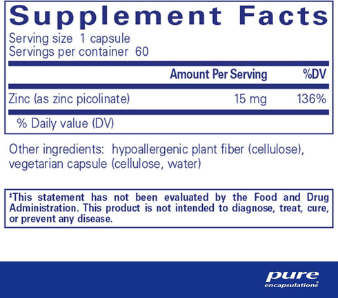 Pure Encapsulations Zinc 15 mg - Zinc Picolinate Supplement for Immune System Support, Growth & Development - for Wound Healing - with Premium Zin...