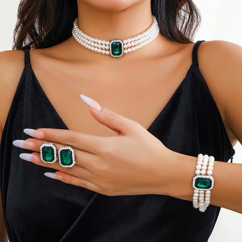 Vintage 4pcs Pearl Gemstone Choker Necklaces Earrings Bracelet Set 1920s Costume Party Pearl Jewelry Multilayer Gemstone Rhinestone Elegant Bridal...
