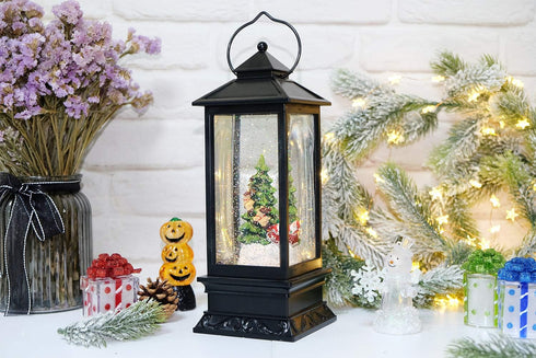 Eldnacele 12" Christmas Musical Snow Globe Lantern USB Lined Batteries Operated Water Glittering Lighted Lantern Santa Claus with 6H Timer Centerp...