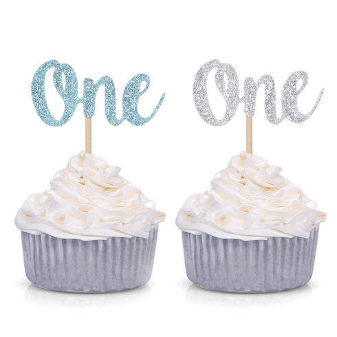 Pack of 24 Glitter One Cupcake Toppers Baby Boy First Birthday Decorations (Blue and Silver)...
