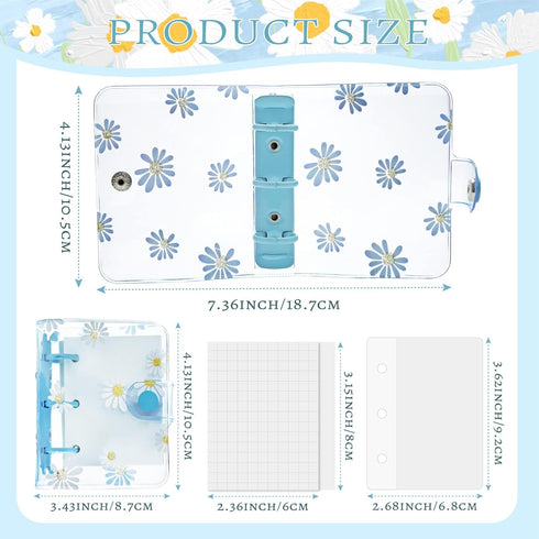 4 Sets Mini Transparent 3 Ring Binder Covers with Daisy Pattern Binder Inner Paper and Pockets Clear Soft PVC Notebook Loose Leaf Binder with Snap...