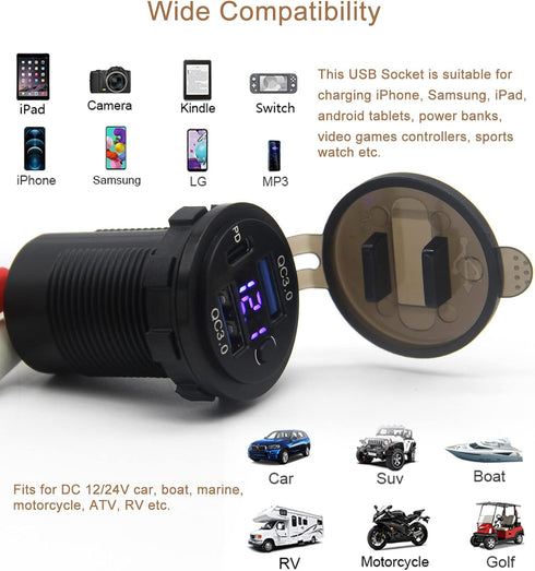 Dual USB Quick Charge 3.0 Port & PD USB C Car Charger Socket, 12V USB Outlet with Voltmeter and Power Switch for Car Boat Marine Truck......