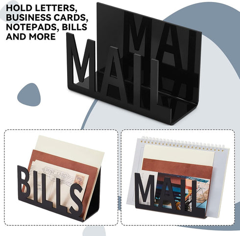 2 Pack Black Desk Mail Bill Organizer Mail Countertop Holder Hollow Mail Sorter Letter Holder Decorative Bill and Mail Holder Desk Vertical Envelo...