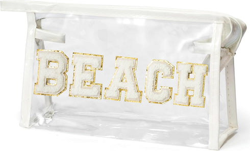 Preppy Patch Cosmetic Bag - Summer BEACH Chenille Varsity Letter Toiletry Bag Transparent PVC Zipper Makeup Bag Waterproof Portable Travel Beach B...