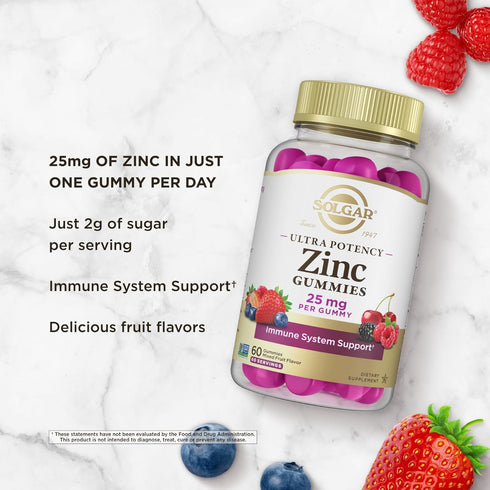 Solgar Zinc Gummies Adult Vitamin with 25mg Ultra Potency Zinc Citrate for Immune Support - Mixed Fruit Flavor, Vegan, Kosher & Gluten Free Gummy ...