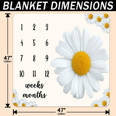 Baby Monthly Milestone Blanket, Daisy Big White Blanket for Nursery, Unisex for Newborn 1-12 Months, includes 4 Frame and 1 Headband 47"x47" BTLSP...