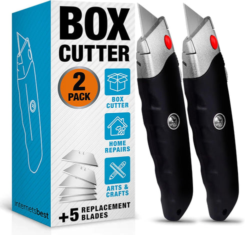 INTERNET'S BEST Premium Utility Knife Set | Retractable Box Cutter with Rubber Handle | Heavy-Duty Cutting for Cardboard, Carpet, Plastic | Retrac...