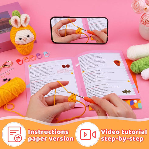Iuuidu Crochet Kit for Beginners, Crochet Animal Kit Rabbit Carrot, Crochet Start Kit with Crochet Hook Set Crochet Yarn, Step-by-Step Video Tutor...
