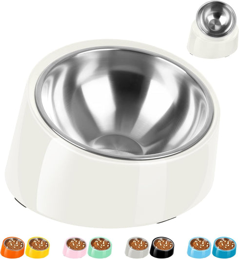 Tilted Angle Dog Bowl, 15° Slanted Stainless Steel Dog Cat Food Bowl, Non-Slip & Non-Spill Pet Feeder with Elevated Detachable Melamine Stand, Eas...