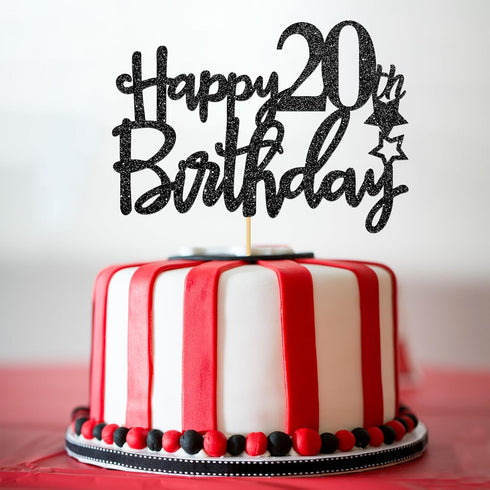 Black Glitter Happy 20th Birthday Cake Topper for, Hello 20th Anniversary, Cheers to 20 Years Party Decorations...