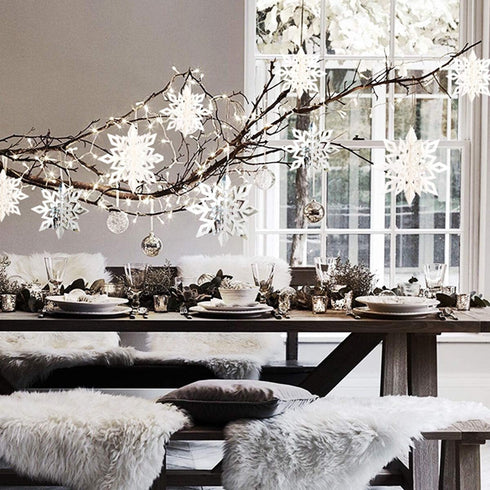 OuMuaMua Winter Christmas Hanging Snowflake Decorations, 12PCS Snowflakes Garland & 12PCS 3D Glittery Large White Snowflake for Christmas Winter W...
