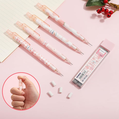 Pink Peach Mechanical Pencil Set, 4pcs Cute Mechanical Pencils with A Tube of 0.5MM Pencil Refills & Top Erasers Aesthetic School Supplies Back to...