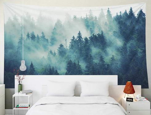 EMMTEEY Misty Forest Tapestry Nature Scenic Mountain Tapestry Green Tree Landscape Foggy Fir Pine Forest 80X60 Inches Tapestries for Living Room B...