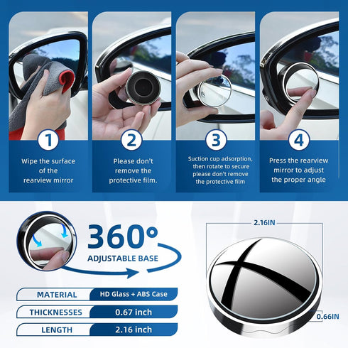 2Pcs Car Suction-Cup Blind Spot Mirror, 360° Wide Angle HD Glass Convex Side Rearview Mirror for Cars SUVs, Vans, and Trucks - Universal Automotiv...