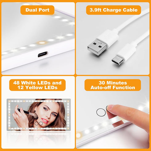 Car Visor Vanity Mirror with LED Lights, Rechargeable Car Mirror Vanity with 3 Light Modes, Touch Control 60 LEDs Makeup Mirror for Car with Auto-...