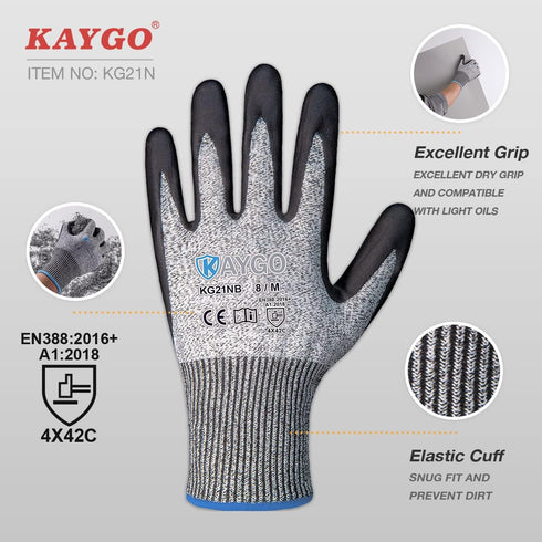 KAYGO Cut Resistant Gloves, MicroFoam Nitrile Coated, ANSI Cut level A3,Superior Grip Performance,Safety Work Gloves For Men and Women,KG21NB, 2 P...