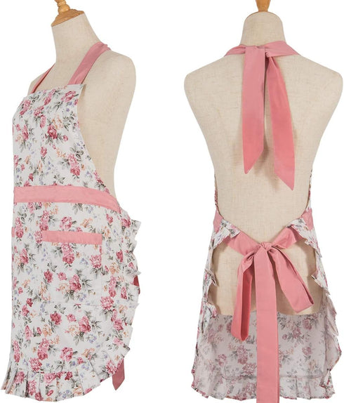 Lovely Apron for Women, Lady’ s Cotton Apron with Adjustable Neck Strap, 2 Pockets and 41.5” Long Ties, Cute Apron for Kitchen Cooking, Home Bakin...