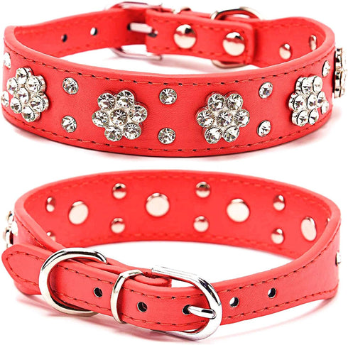 Rhinestone Dog Collar, Cute Flower Rhinestone Cat Dog Collar Bling Collar PU Leather Collar Adjustable Sizes Small Medium Large (M, Red)...
