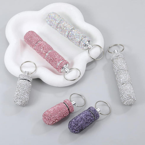Bling Pill Case Portable Travel Pill Container Bottle Rhinestone Waterproof Small Pill Holder with Keychain Cute Mini Pill Storage Box for Outdoor...