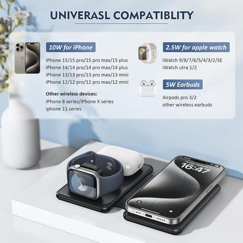 Wireless Charger iPhone - 3 in 1 Charging Station for Apple Devices for iPhone 15 14 13 12 Pro Max Plus - Foldable Magnetic Charging Pad for Apple...