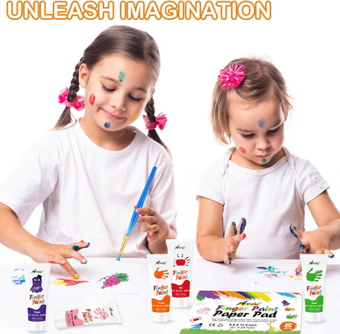 27PCS Kids Washable Finger Paint Set, Non Toxic Finger Paints 8 Colors, Finger Paint Paper, Brushes, Sponges, Art Painting Supplies for Toddlers,F...