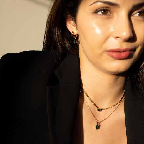 espere Baguette CZ Pendant Necklace | 14K Gold Plated Sterling Silver | Emerald Baguette Pendant Dainty Box Chain Necklace 18''...