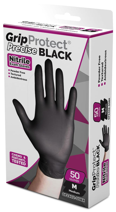 GripProtect® Precise Black Nitrile Exam Gloves | 4 Mil | Chemo-Rated | Food, Home, Hospital, Law Enforcement, Tattoo | (Medium, 50)...
