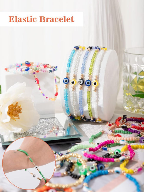 24 Pcs Beaded Evil Luck Eye Bracelets- Elastic Handmade Protection Bracelet Durable Mexican Bracelets Delicate Mal De Ojo Bracelets Evil Luck Eye ...