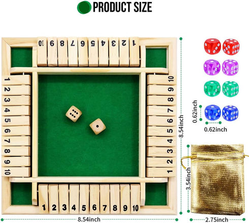 Dice Game Shut The Box Game Wooden Board Game with 10 Dices,a Classic 4 Sided Family Math Game for 2-4 Players Dice Board Game Shut-The-Box(Kids o...
