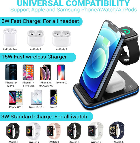 Foldable Wireless Charger Station – 3 in 1 Qi Wireless Charger Dock for iPhone and Apple Watch – Fast Charging Universal Dock for Samsung, Huawei,...