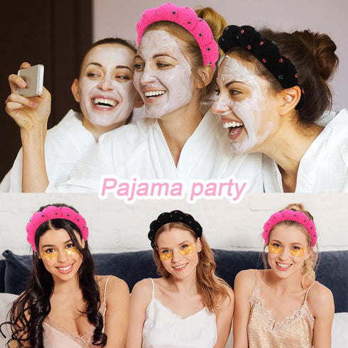 Wecoe 2pcs Rhinestone Skincare Headbands For Washing Face Hot Pink Black Fluffy Spa Headbands Makeup Headband Face Wash Puffy Sponge Bubble Headba...