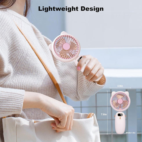 Handheld Fan Mini, Cute Hand Fan Portable, Powerful USB Rechargeable Fan with 4 Speeds and LED Display for Kids Women, Battery Small Electric Hand...