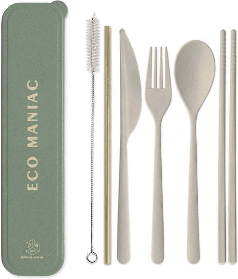 Designworks Ink Reusable Cutlery Set Utensils for Lunch Box, 7-Piece, Forest Green - Eco Maniac Plastic Flatware with Forks, Spoon, Knife, Chopsti...