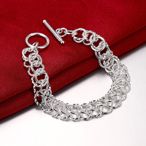 Fashion Sterling Silver 2 Layers Twisted Link Chain Bracelet with Diamond Cut Hight Polish Loops,Toggle Button 8" Gift for Women Men Teens...