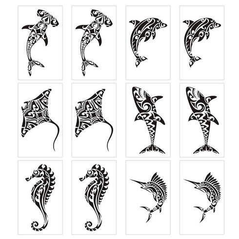 12 Sheets Temporary Tattoos for Men Adults, Maori Stingray Shark Whale Hippocampus Polynesian Tribal Hawaiian Fake Tattoo for Neck Arm Hands Leg...