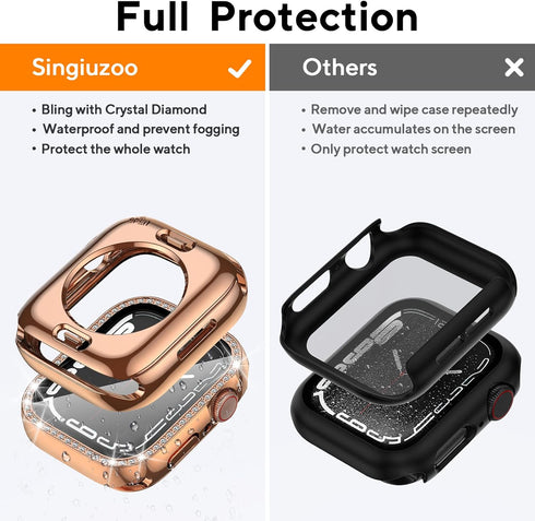 2 in 1 Bling Waterproof Case for Apple watch Series SE 6 5 4 44mm, 360 Protective PC Cover Front & Back Bumper with Tempered Glass Screen Protecto...