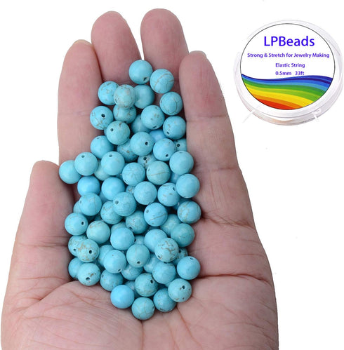 LPBeads 100PCS 8mm Blue Turquoise Gemstone Round Loose Beads for Jewelry Making with Crystal Stretch Cord...