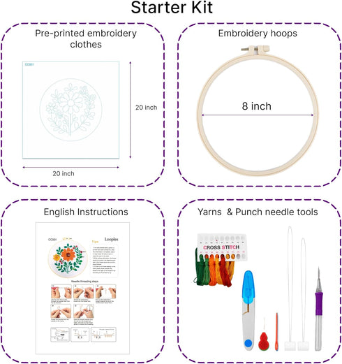 Punch Needle Embroidery Beginner Kits for Kids and Adults with Instructions, Punch Needle Fabric with Patterns, Yarns, Embroidery Hoops for Rug-Pu...