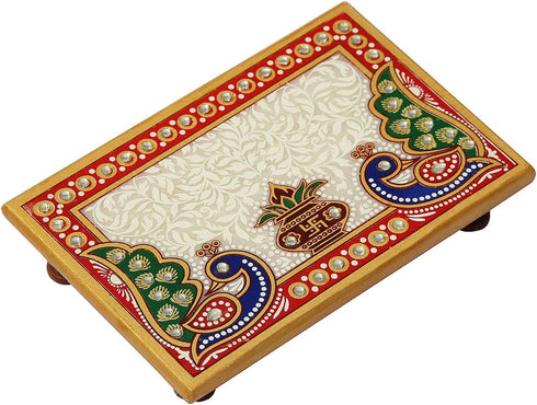Marble Puja Chowki Rectangle Shape with Peacock Design and Kalash Used to Keep Pooja Items...