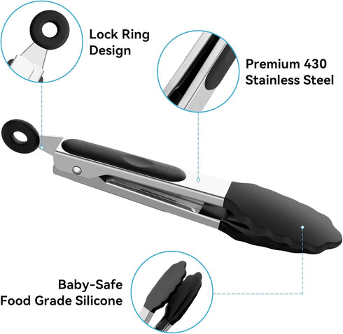 7 Inch Mini Tongs, Pack of 3 Short Small Silicone Tongs, Stainless Steel Tongs with Silicone Tips for Cooking, Barbecue, Buffet Serving (7", Black...
