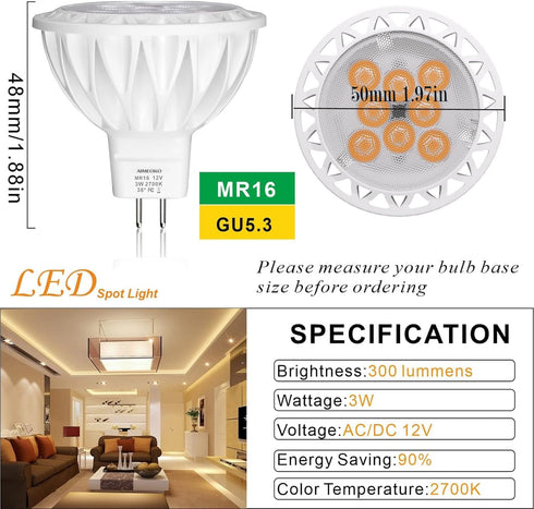 MR16 LED Bulb Light Bulbs 3W (35W Halogen Equivalent) 2700K GU5.3 Base 12V Spotlight 300Lm for Landscape Recessed Track Lighting Ceiling Indoor Ou...