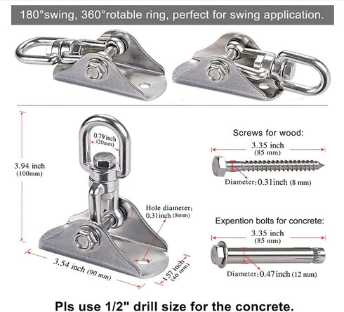 Heavy Duty Swing Hanger Hook, 360° Swivel Swing Hook with 4 Screws for Porch Yoga Seat Hammock Sandbag Indoor Outdoor Stainless Steel Swivel Hook ...