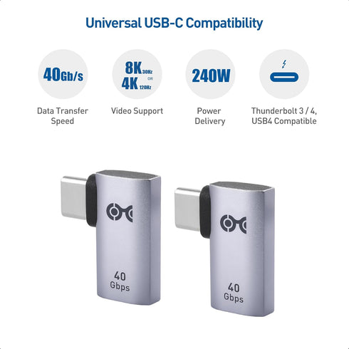Cable Matters 2-Pack 40Gbps Flat Right Angle USB C Adapter with 240W PD (90 Degree USB C Adapter) in Black - Thunderbolt 4, USB4, Thunderbolt 3 Po...