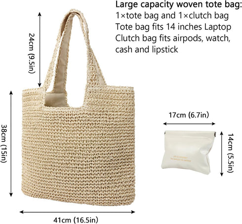Large Straw Beach Bag for Women with Coin Purse, Woven Tote Bag Summer bag Travel Shoulder Handbag...