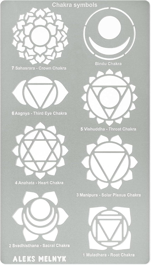 Aleks Melnyk No.415 Metal Stencil, Chakras, Mandala, Yoga, Symbols for Meditation, Om, Sacred Geometry, Template for Wood Burning, Pyrography Engr...