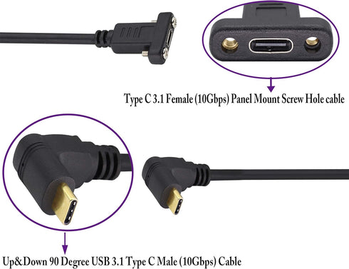 90 Degree USB 3.1 Type C Panel Mount Cable Gen 2 Up&Down Angle Type C 3.1 Female Panel Mount to Male Cable,Supports Charging,Data,Audio,Video Cabl...
