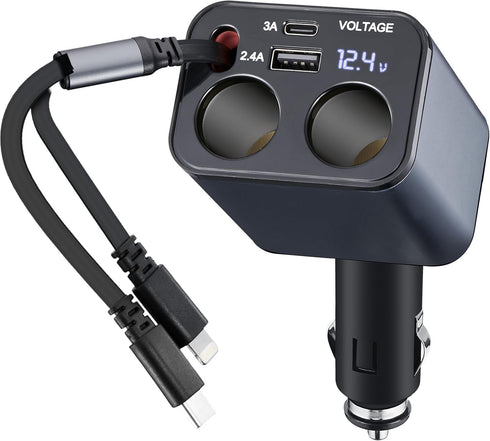 MQOUNY Retractable Car Charger,6 in 1 Fast Car Phone Charger 159W,USB C and 2 Cigarette Lighter Adapter,Retractable Cables Compatible with iPhone ...